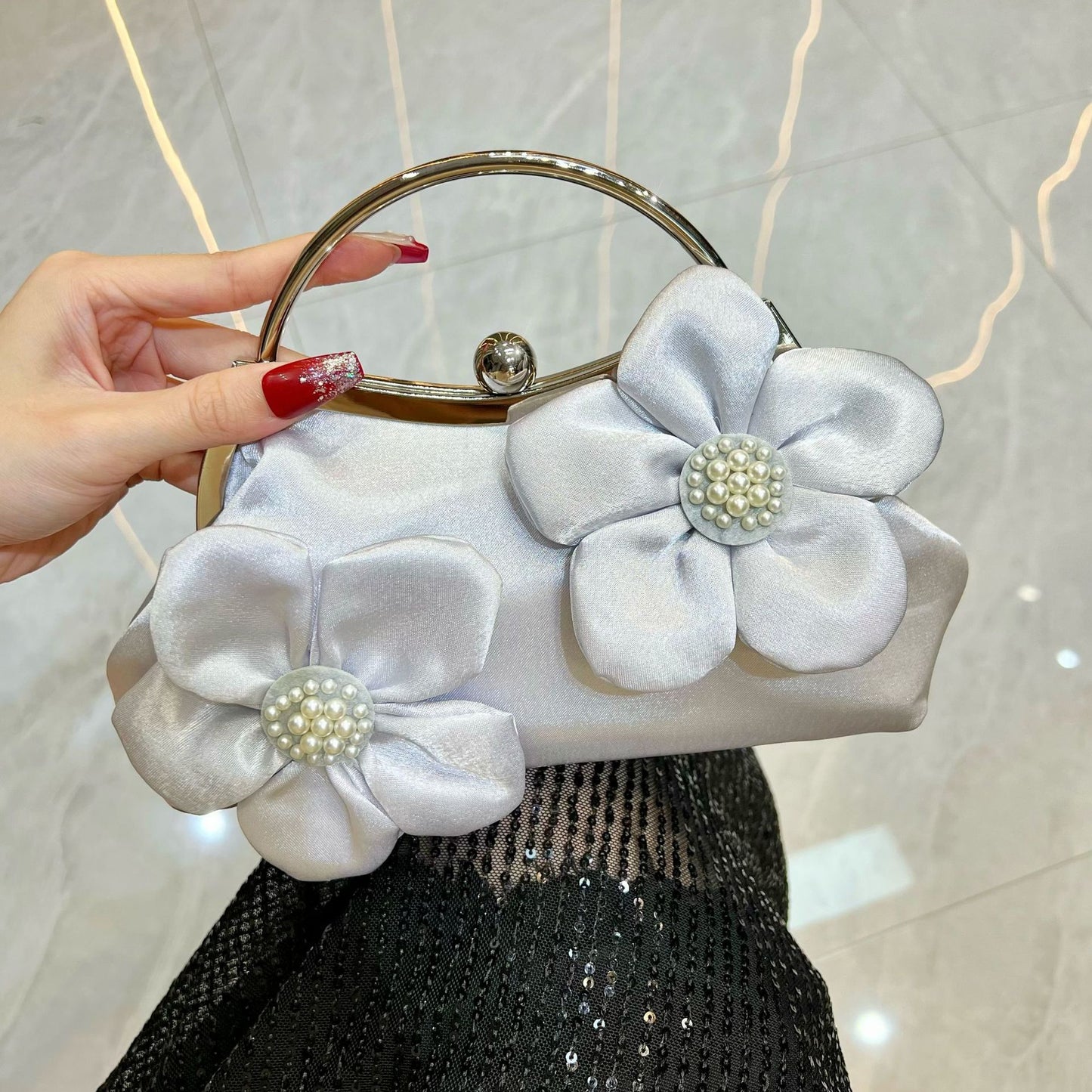 Elegant Floral Satin Clutch Bag with Pearl Center Design for Wedding, Evening Events, and Traditional Outfits