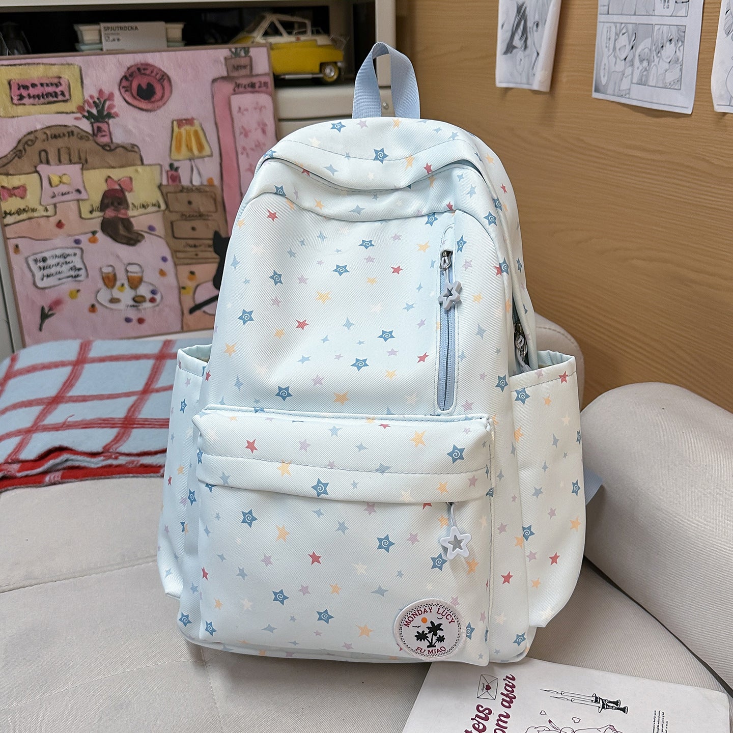 Cute Pastel Star Print Backpack for Girls, Soft Nylon School Bag with Front Pocket and Charm Design, Perfect for Elementary Students