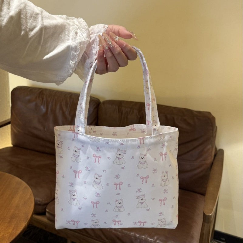 Korean Style Cute Dog Print Tote Bag with Floral Pattern, Perfect for Daily Use and Commuting