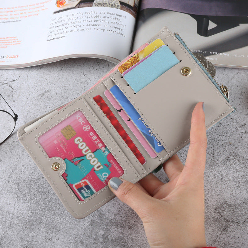 Cute Embroidered Cat Design Wallet for Women, Stylish Denim Look with Zipper Closure and Multiple Pockets