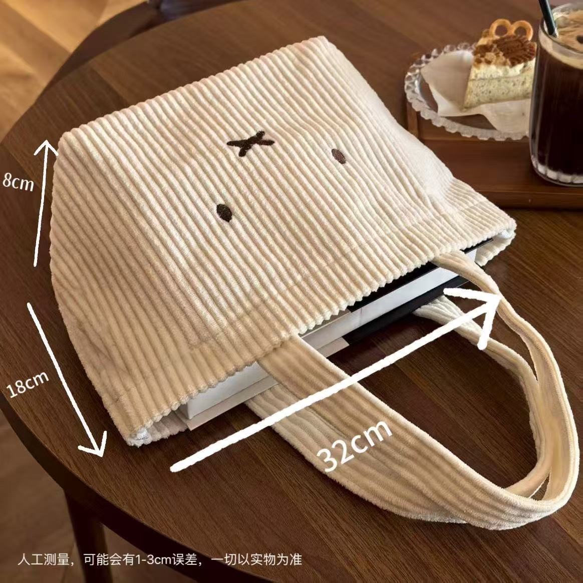Cute Rabbit Embroidered Corduroy Tote Bag with Large Capacity and Soft Design for Daily Use