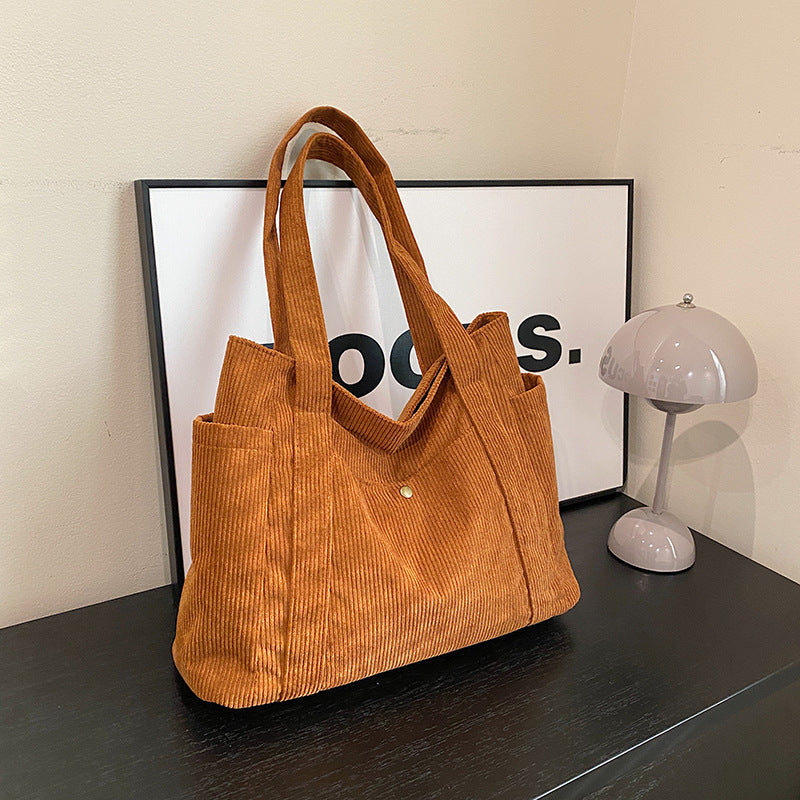 2024 New Corduroy Tote Bag for Women, Large Capacity Daily Commute Shoulder Bag with Multiple Pockets and Stylish Stitching Design