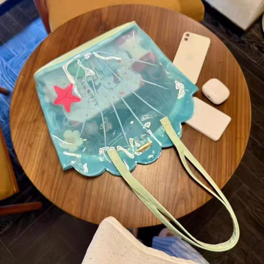 Summer Transparent Shell Tote Bag with Starfish Charm, Cute and Fashionable for Daily Outings and Travel