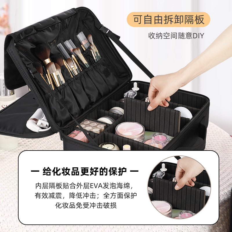 Large Capacity Portable Cosmetic Makeup Case with Multiple Layers and Brush Organizer for Travel and Home Use