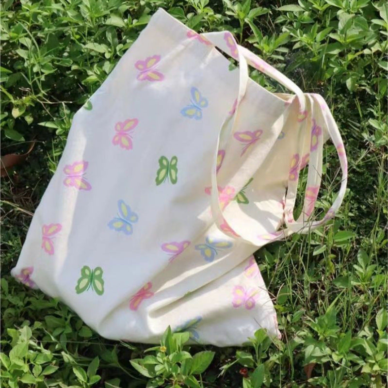Cute Butterfly Print Canvas Tote Bag for Students and Daily Commute, Large Capacity Shoulder Bag with Trendy Design