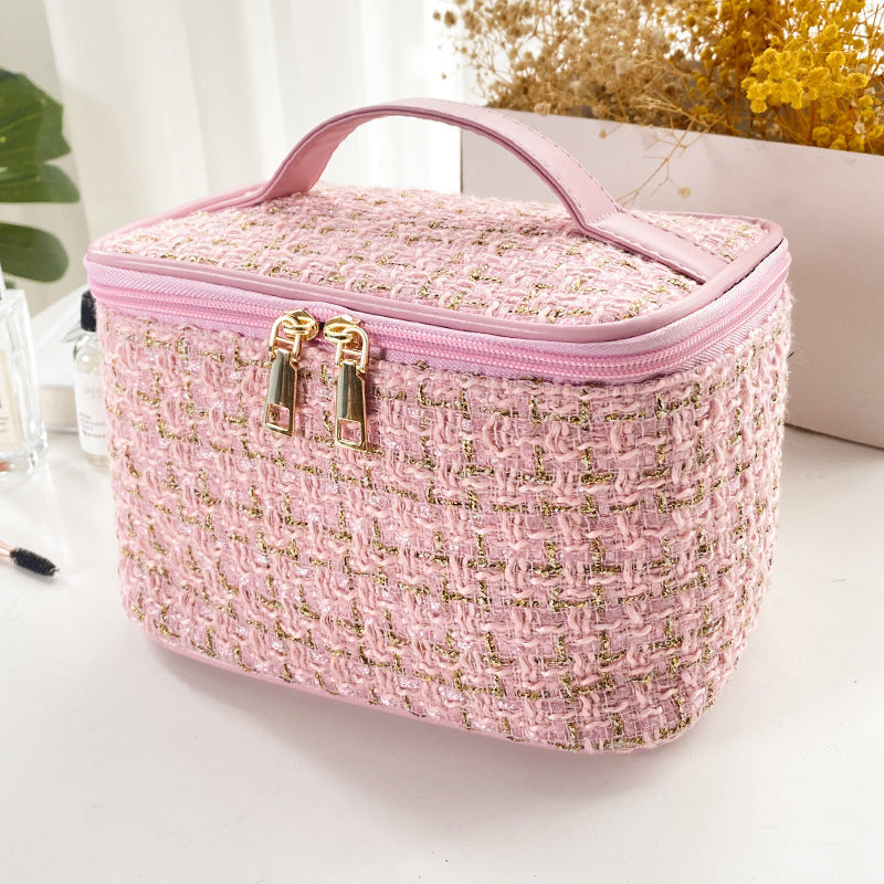 Chic Tweed Cosmetic Bag with Zipper Closure - Large Capacity Portable Makeup Organizer for Travel and Daily Use