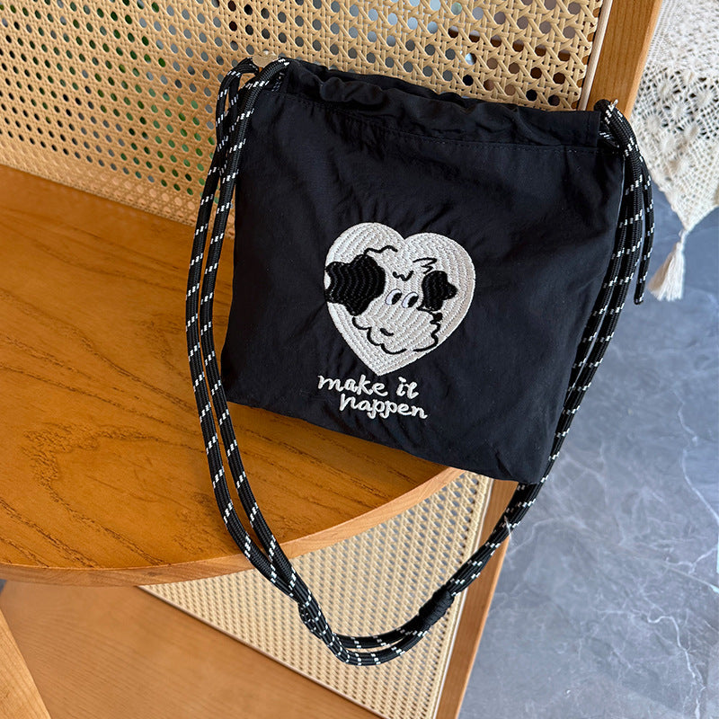 Cute Embroidered Drawstring Bag with Adorable Dog Design, Fashionable Nylon Crossbody Bag for Daily Use