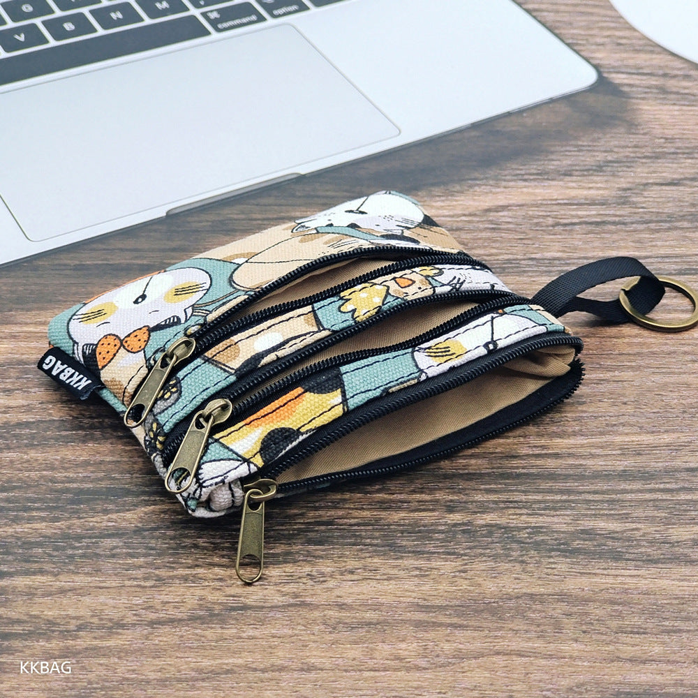 New Cartoon Three-Layer Sundries Storage Bag Summer Carry around Makeup Pouch Girls Coin Purse Key Card