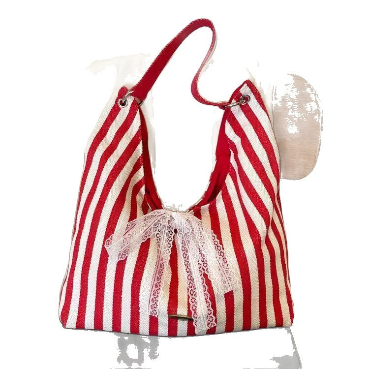 2025 New Fashion Striped Tote Bag for Women, Large Capacity Canvas Shoulder Bag with Lace Detail, Perfect for Daily Use and University