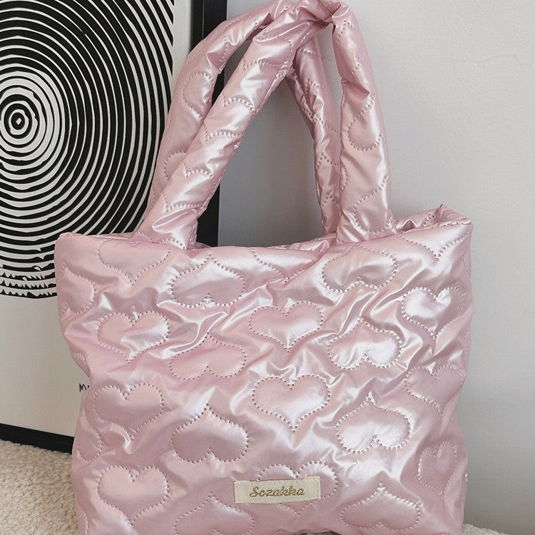 Quilted Tote Bag with Love Design Soft PU Material Daily Fashion Handbag for Women