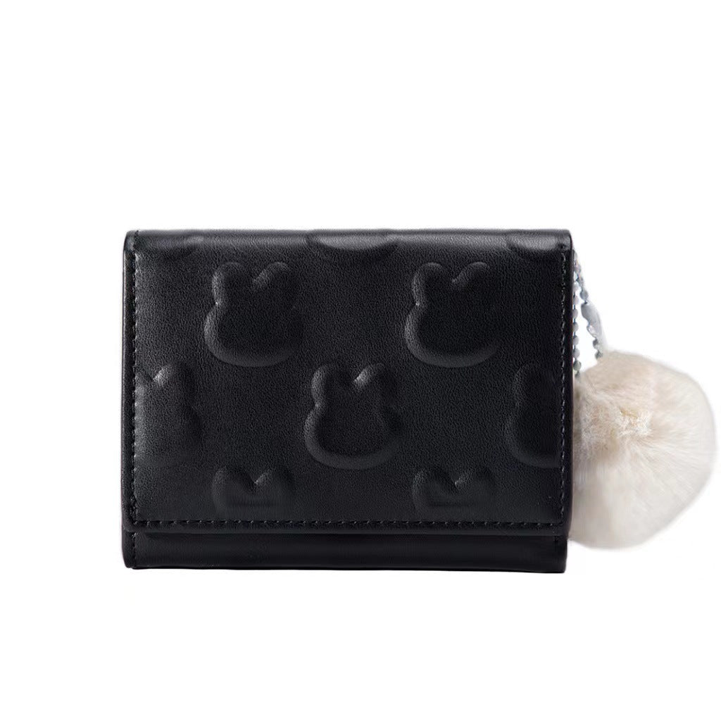 New Korean Style Cute Rabbit Wallet for Women, Waterproof PU Leather with Embossed Pattern and Fluffy Pom-Pom, Sweet and Fashionable Daily Accessory