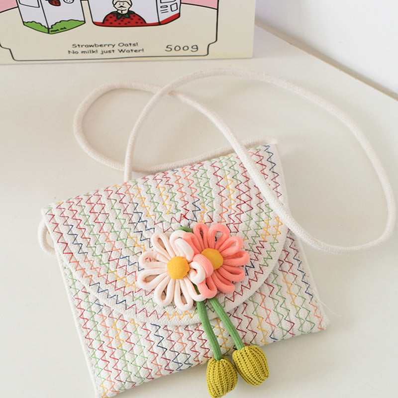 Cute Flower Embroidered Woven Crossbody Bag for Women, Summer Fashion Street Style Small Shoulder Bag with Magnetic Closure