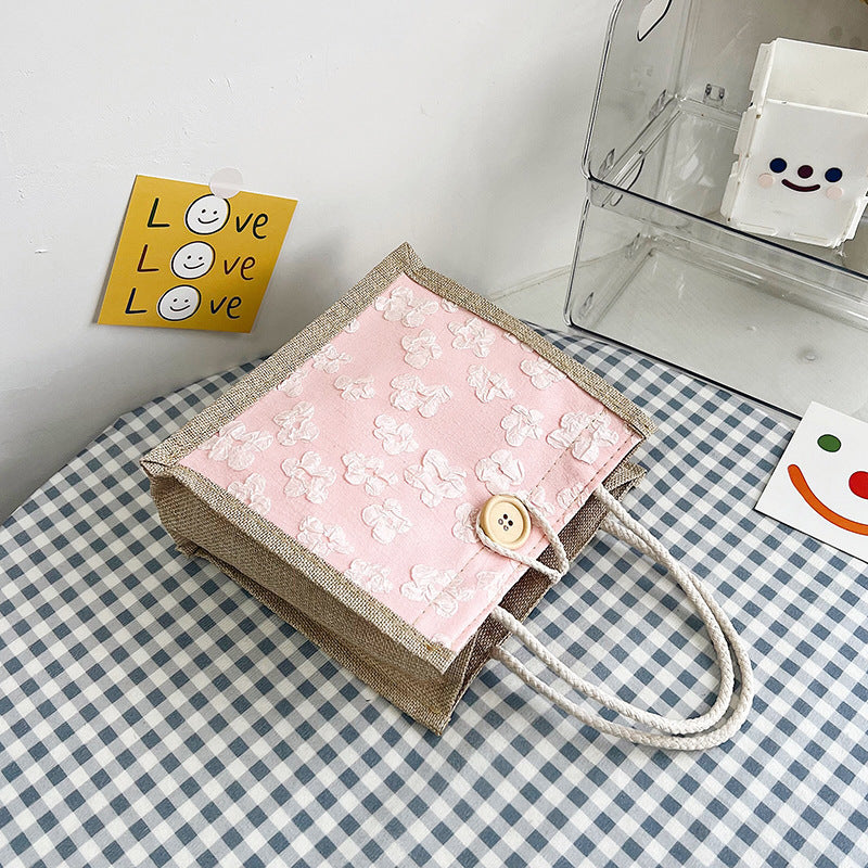 Floral Canvas Bag Handbag Bag Women's Western Style Simple Outing Hand Carry Lunch Bag