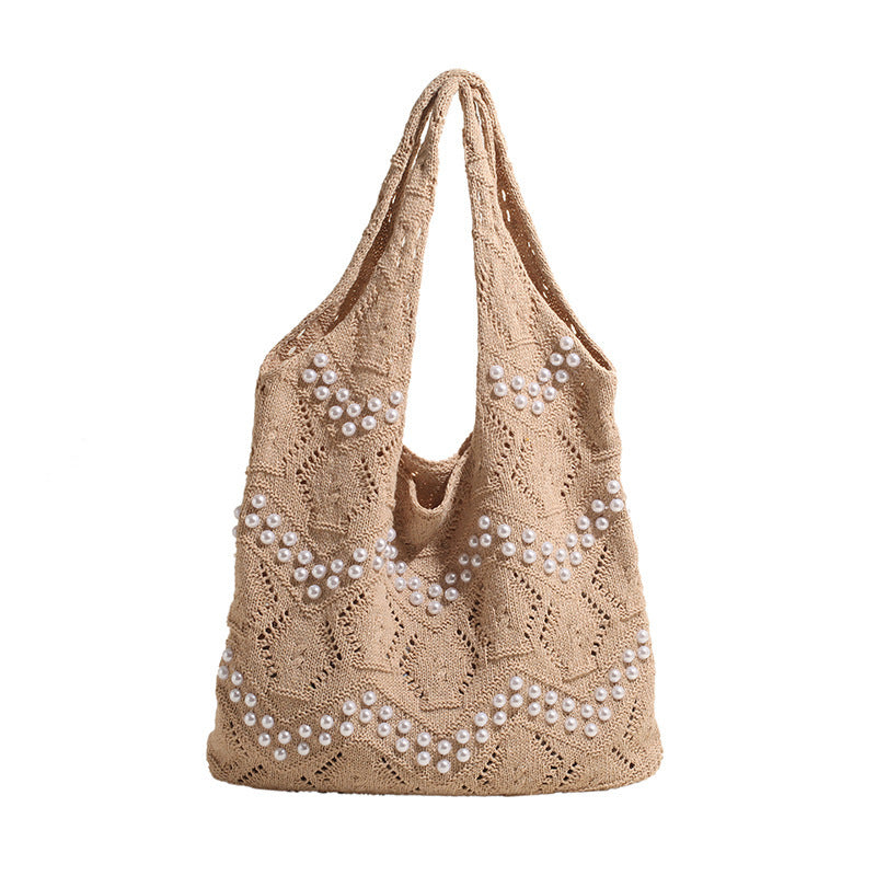 Casual Simple Knitted Bag Women's New Large Capacity Commuter Shoulder Fashion Pearl Tote Bag