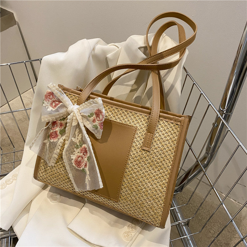 Woven Tote Bag Women's Spring Fashion Embroidered Flower Bow Tie Large Capacity Retro Style Handbag