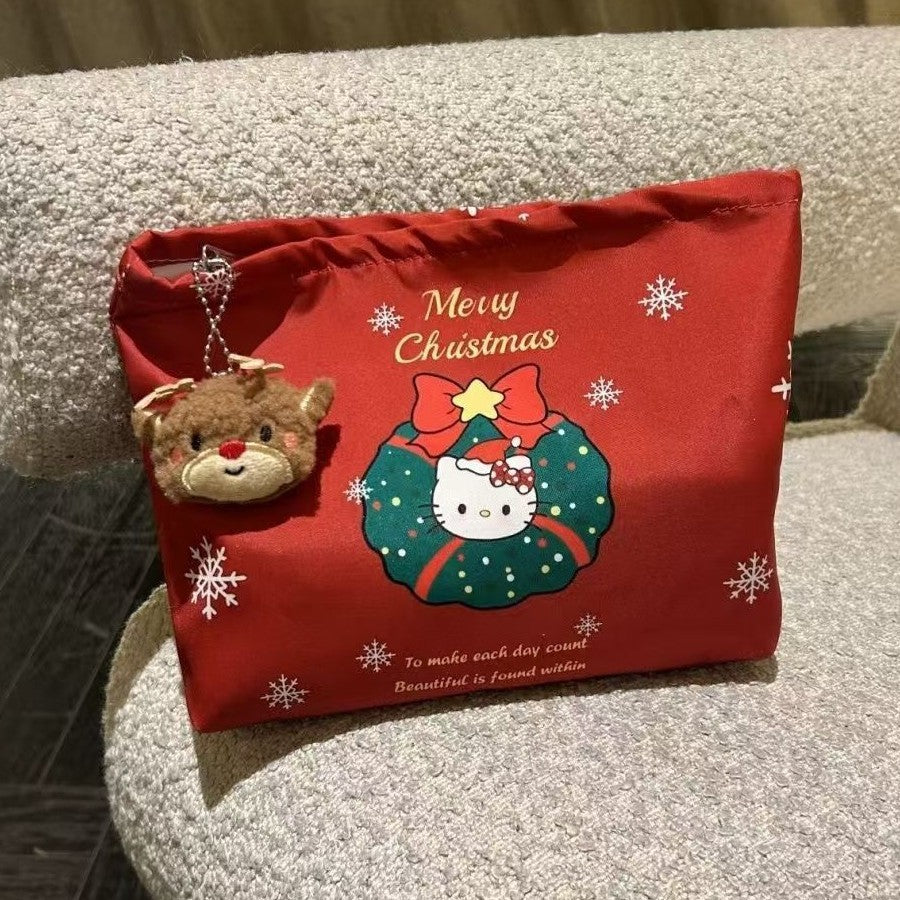 Christmas Theme Kitty Cat Large Capacity Makeup Cosmetic Bag Liner Bag Portable Storage Bag