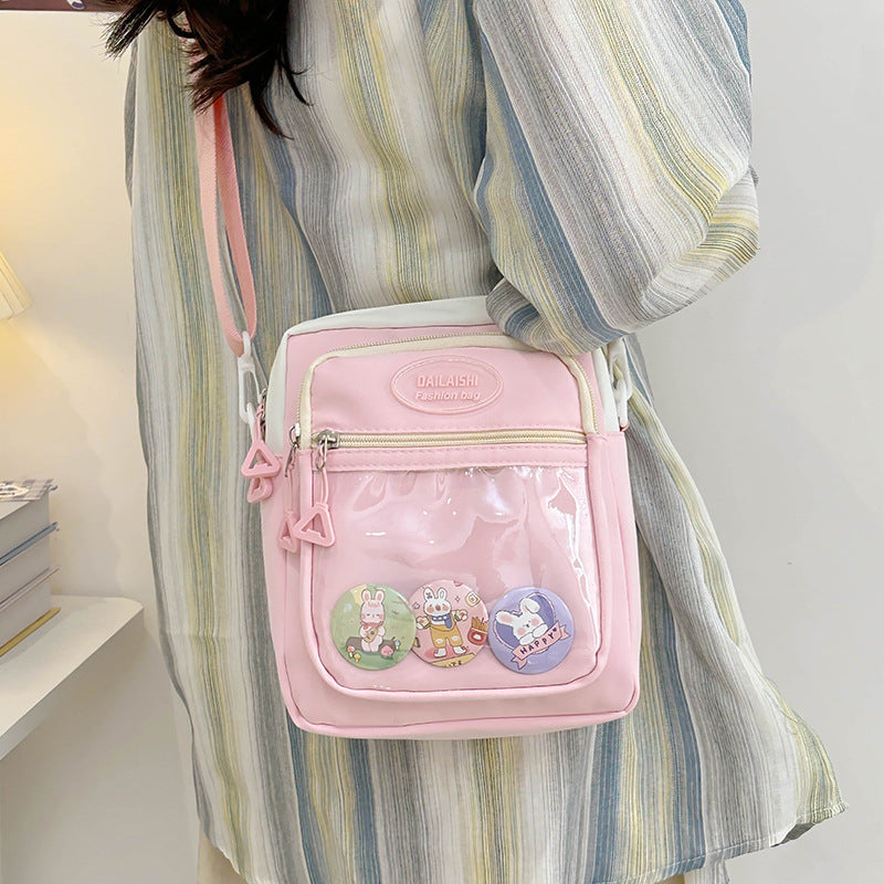 Cute Fashion Crossbody Bag with Multiple Pockets and Cartoon Badges for Daily Use