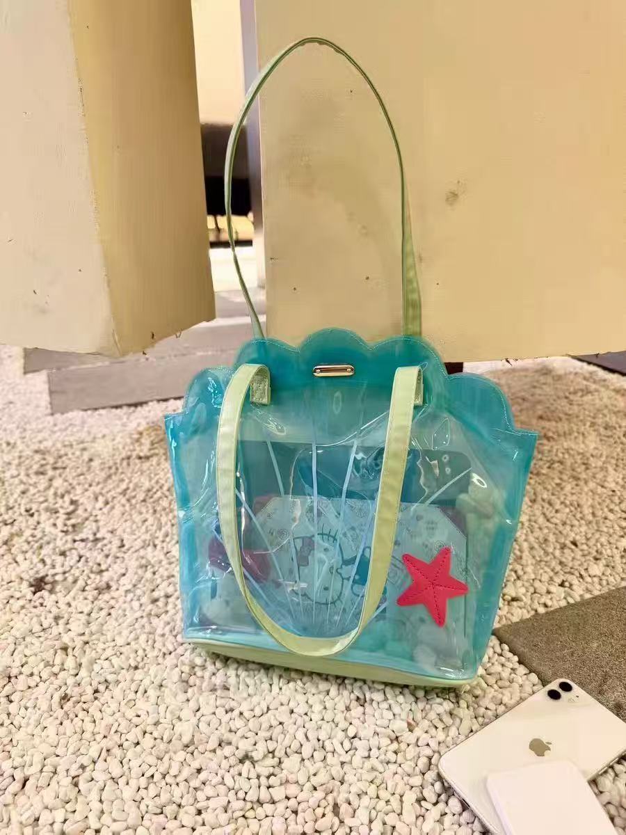 Summer Transparent Shell Tote Bag with Starfish Charm, Cute and Fashionable for Daily Outings and Travel