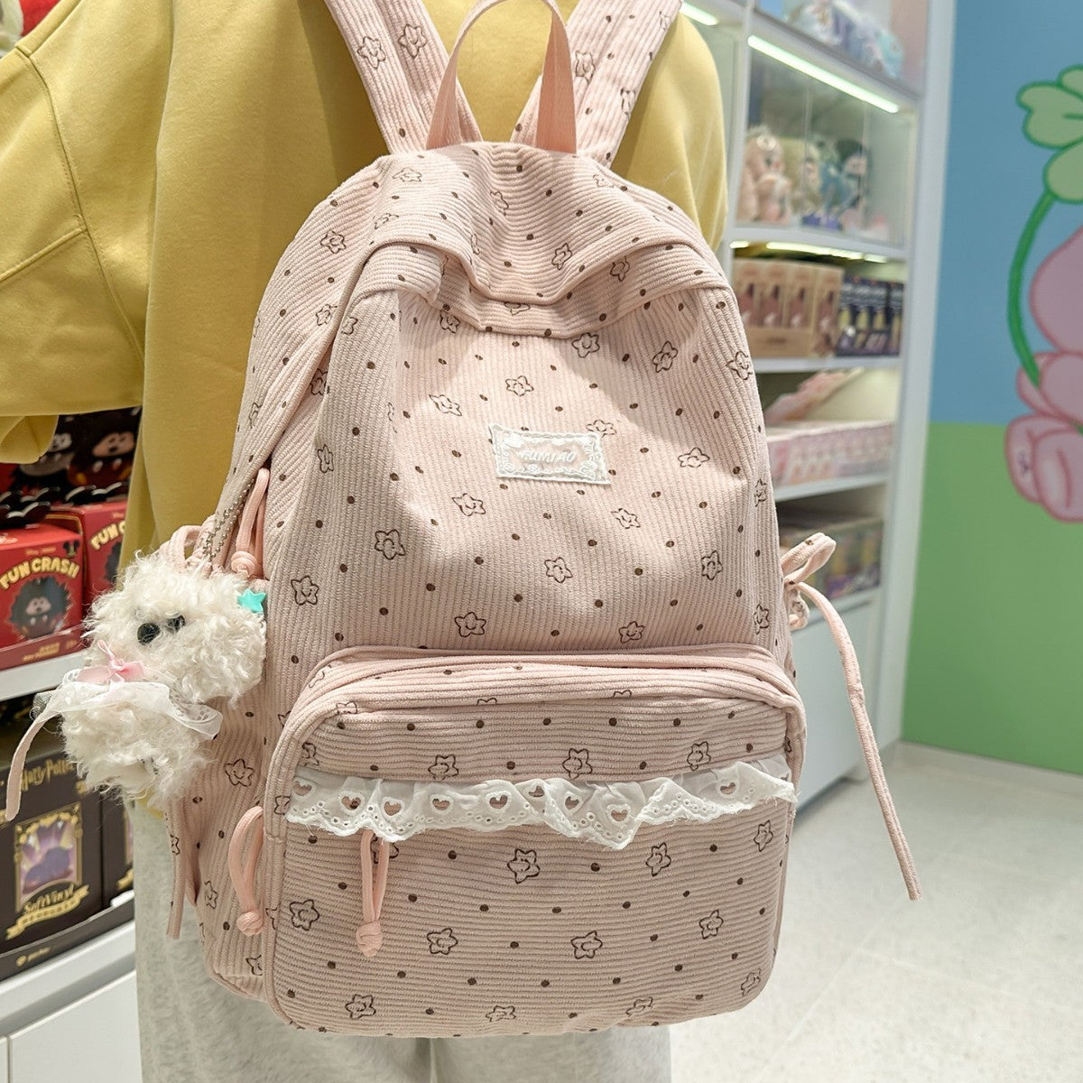 Artistic Fresh Student Backpack Soft Corduroy Material Lace Large Capacity Breathable Design