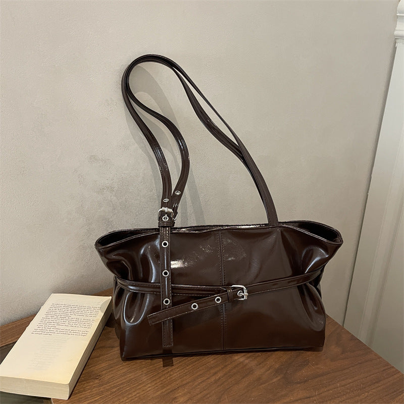 Simple Casual Large Capacity New Belt Buckle Commuting Fashion Texture One Shoulder Underarm Tote Bag Women