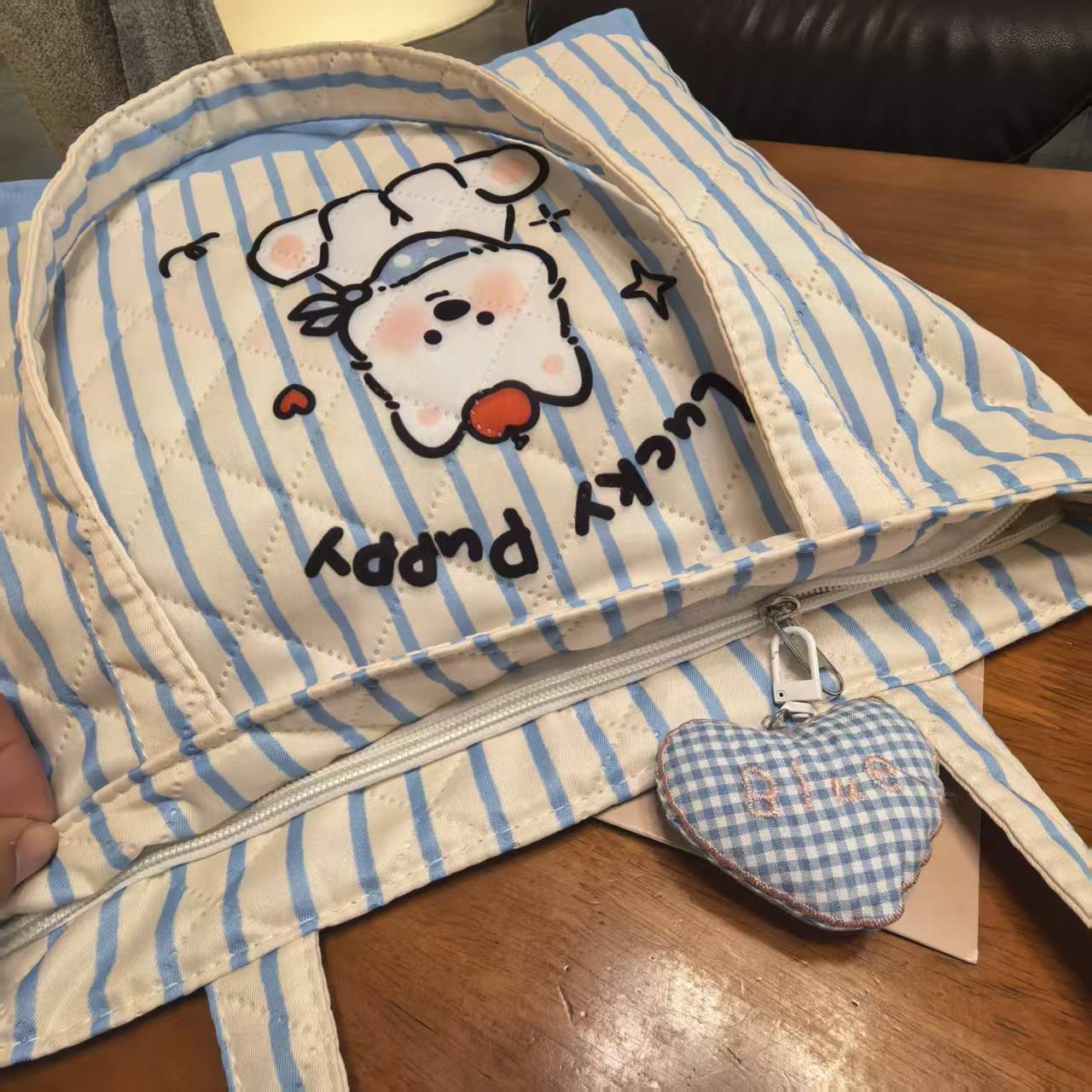 Cute Lucky Puppy Striped Quilted Handbag Cartoon Dog Design Daily Commuter Fashion All-Match