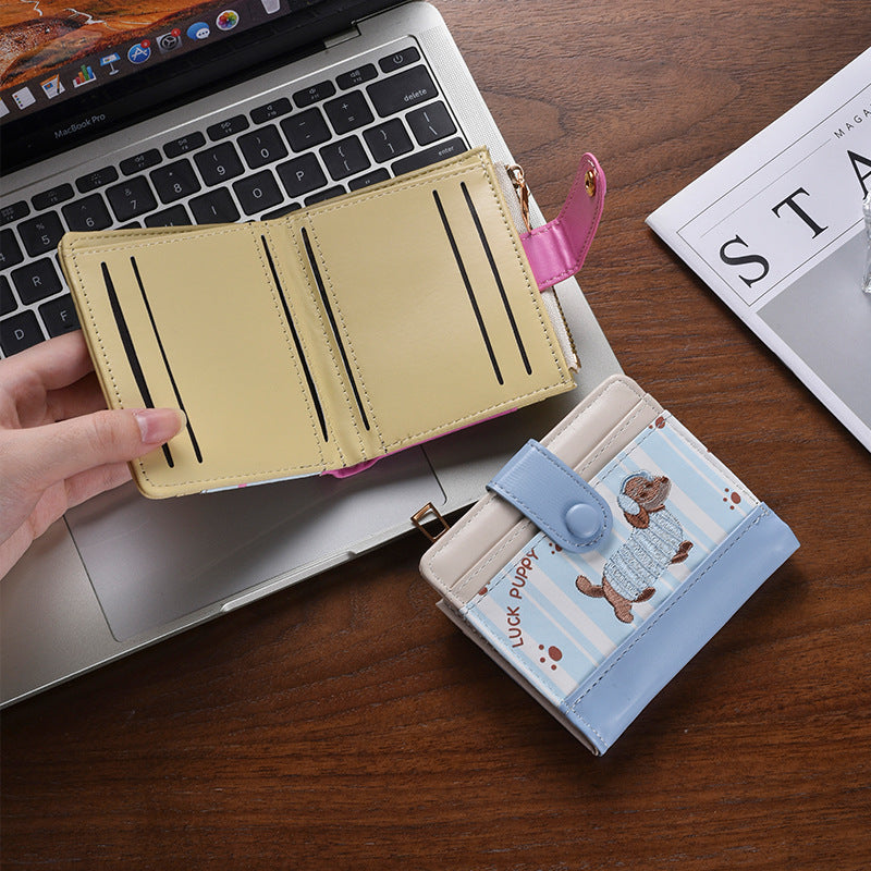 Cute Dachshund Print Wallet with Stripes and Stars, Fashionable Compact Card Holder for Women