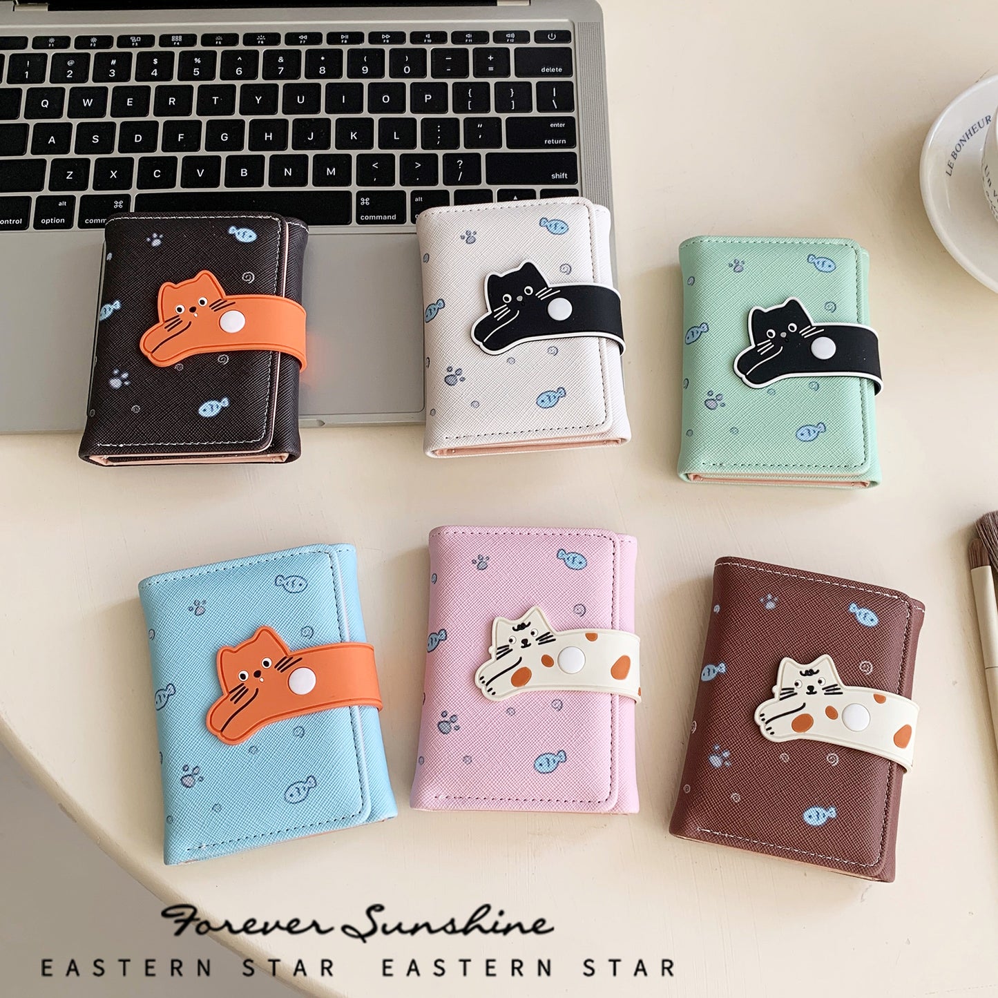 Cute Cat Women's Wallet Fish-Shaped Embellished Soft Buckle Design Everyday Joker Practical Card Holder