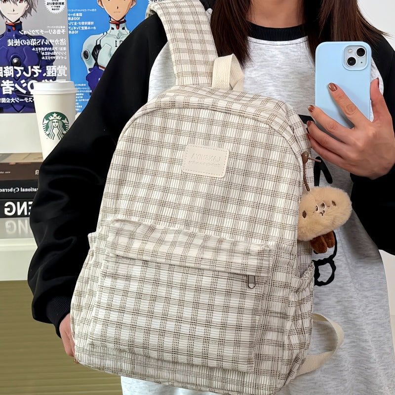 Retro Plaid Corduroy Backpack with Breathable Design for Students, Lightweight and Stylish School Bag with Adjustable Padded Straps