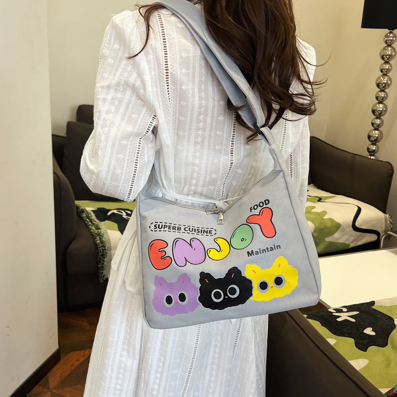 Cute Cartoon Cat Print Canvas Tote Bag with Colorful 'ENJOY' Lettering and Zipper Closure for Daily Use
