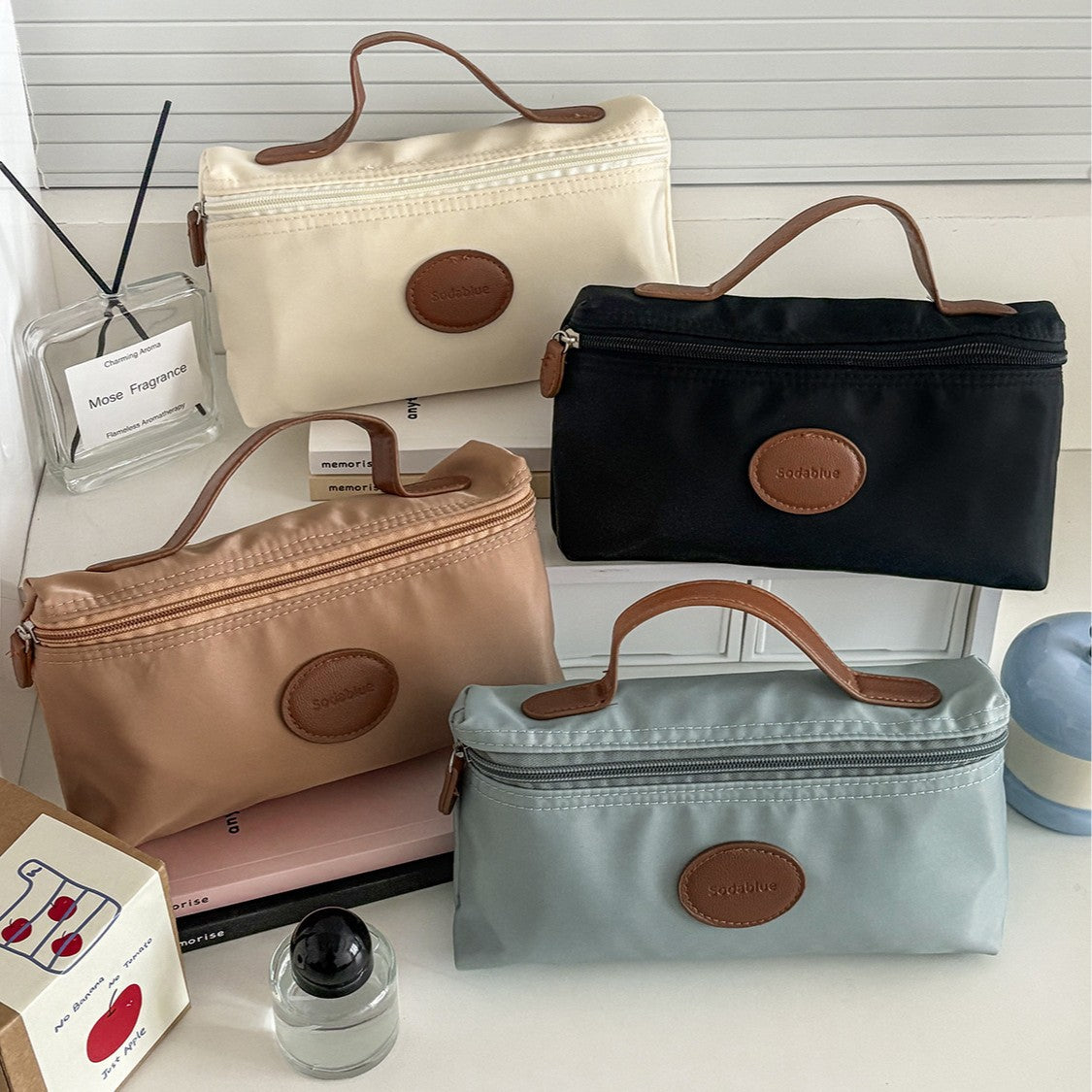 Elegant Nylon Cosmetic Bag with Leather Accent Handle, Lightweight & Portable for Daily Use