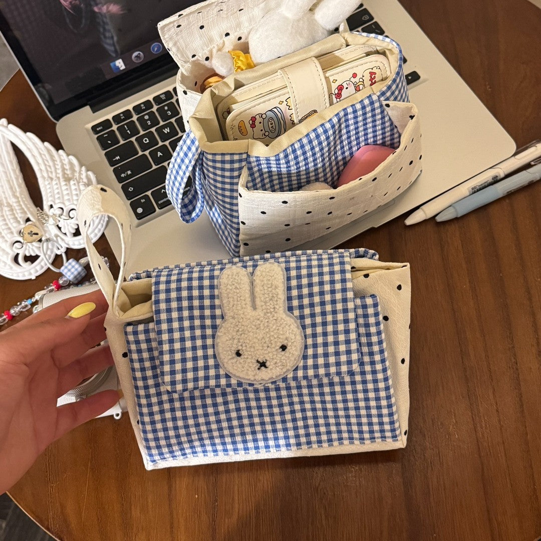 Cute Rabbit Applique Checkered Cosmetic Organizer Bag with Polka Dot Design for Daily Use