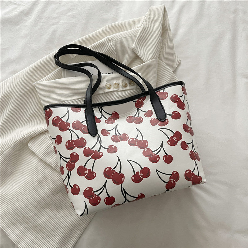 Cherry Printed Tote Women's Fashion Large Capacity Shoulder Bag New Simple Handbag