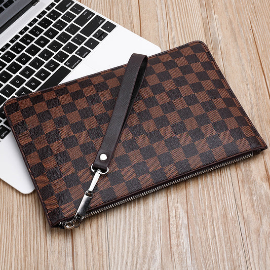 Vintage Checkered Men's Clutch Bag with Large Capacity and Fashionable Design for Daily Use