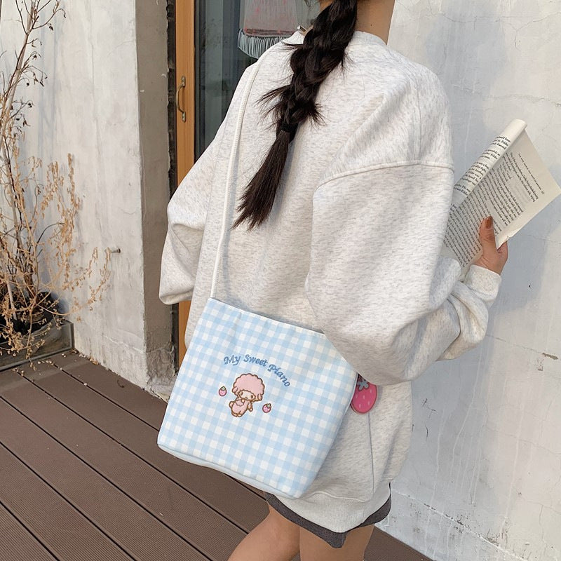 Cute Cartoon Checkered Crossbody Bag for Girls, Lightweight and Breathable Daily Style with Sweet Character Design