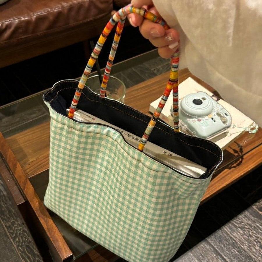 Denim Crossbody Tote Bag with Beaded Straps and Checker Lining, Stylish Everyday Shoulder Bag for Women