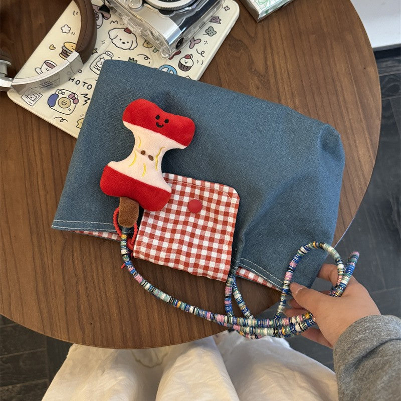 New Large Capacity Denim Shoulder Portable Checked Canvas Bag All-Match Commute Retro Casual Tote Bag Women