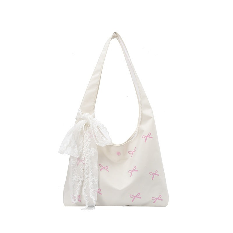 Canvas Bag Women's Super Beautiful Embroidered Bow Fairy Bag Artisitc Large Capacity All-Match Shoulder Bag