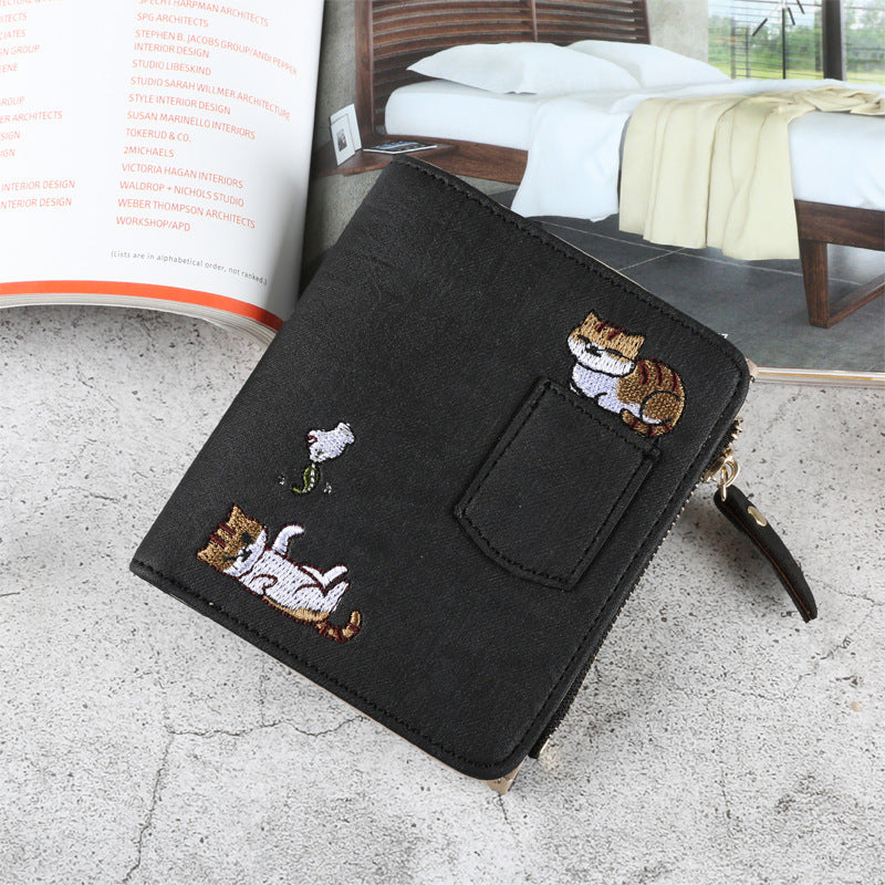 Cute Embroidered Cat Design Wallet for Women, Stylish Denim Look with Zipper Closure and Multiple Pockets