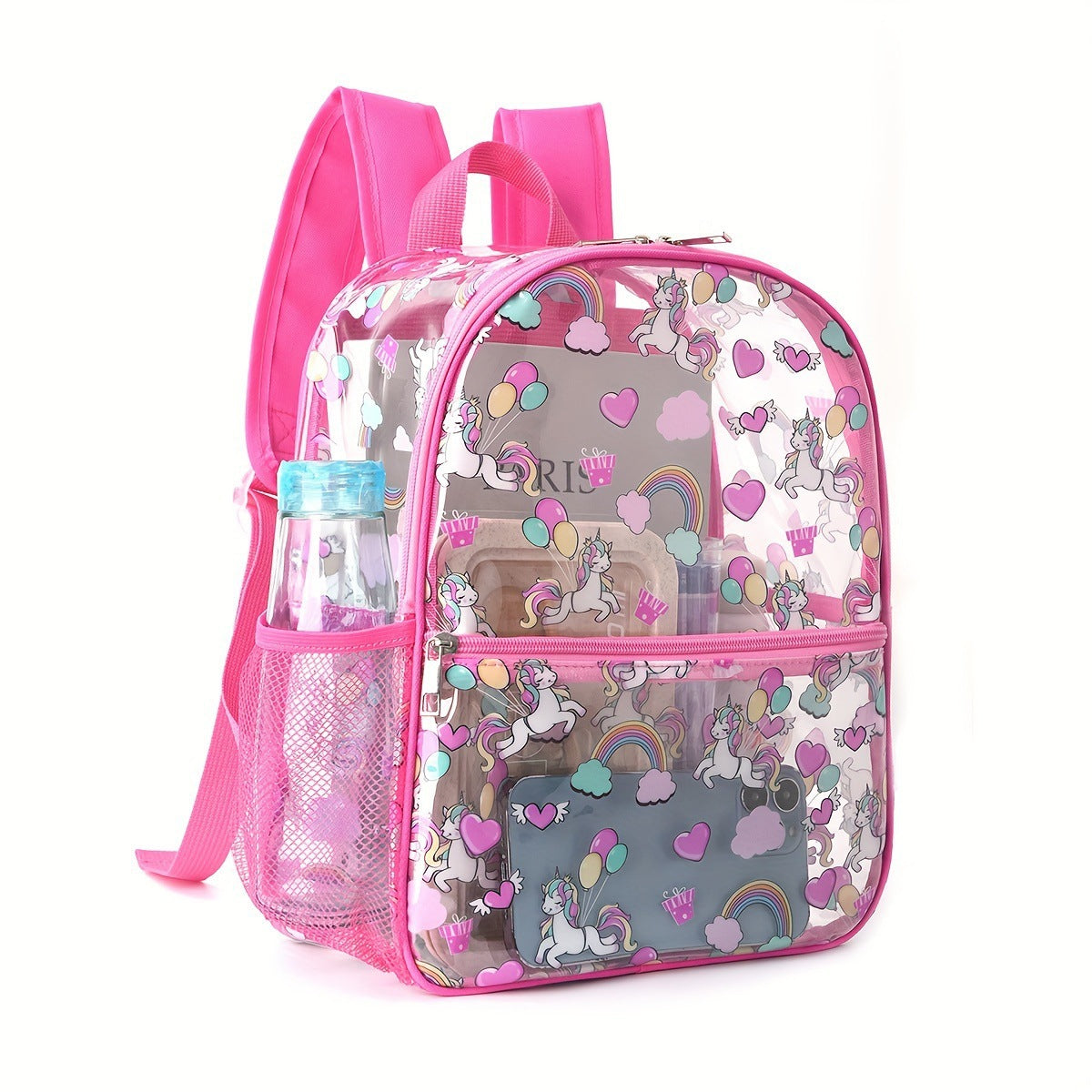 Cute Cartoon Printed Transparent Backpack for Kids, Waterproof PVC School Bag with Dual Compartment and Unicorn Design