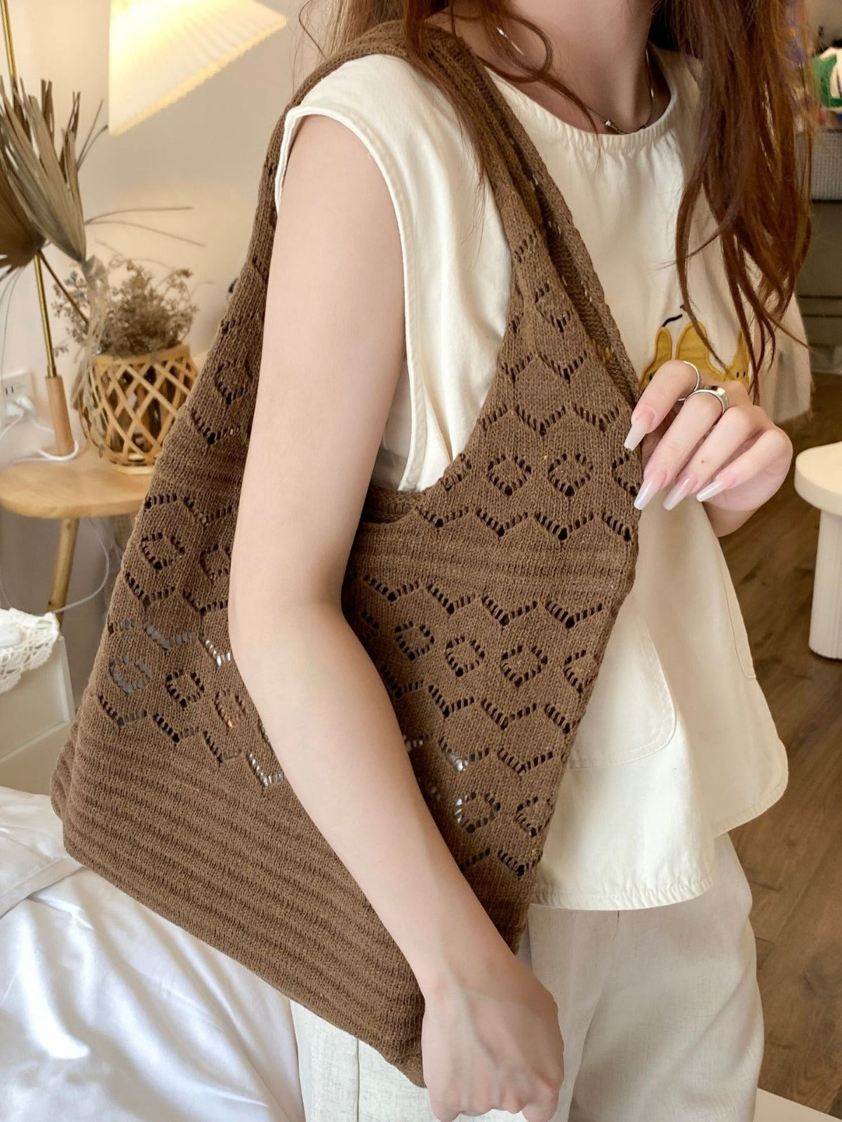 Women's Shoulder Bag Retro Mesh Hollow out Hand-Woven Tote Bag Shoulder Hand-Carrying Dual-Use Daily Commuter Shopping Versatile