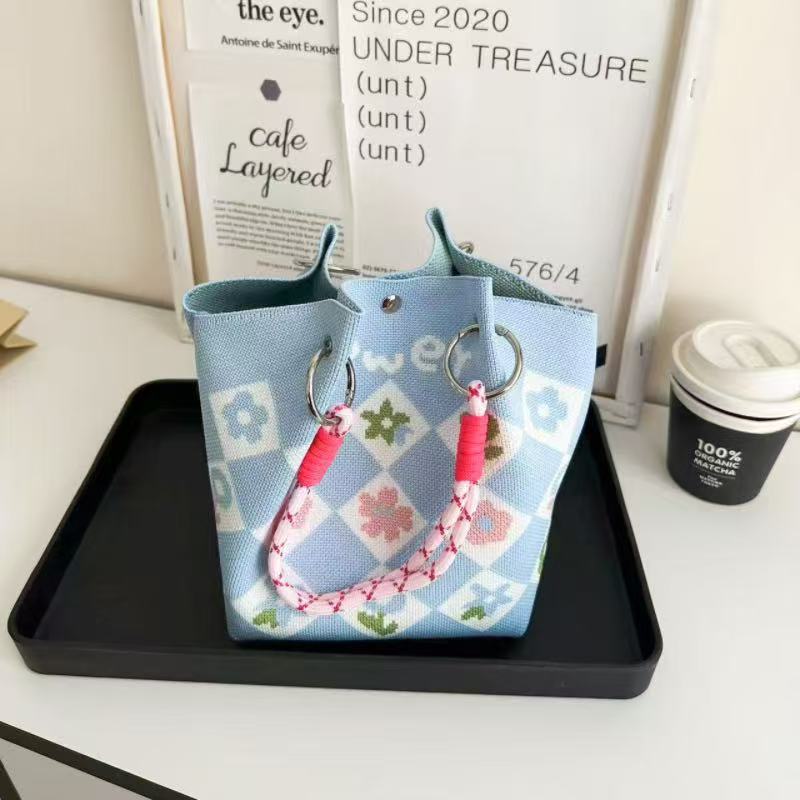 Black and White Rhombus Knitted Tote Bag Women's Casual Versatile Large Capacity Messenger Bag Handbag