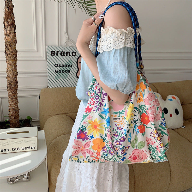 Korean Style Summer Large Capacity Hand Shoulder Bag Drawstring Shopping Bag Fresh Floral Tote Bag Underarm Bag