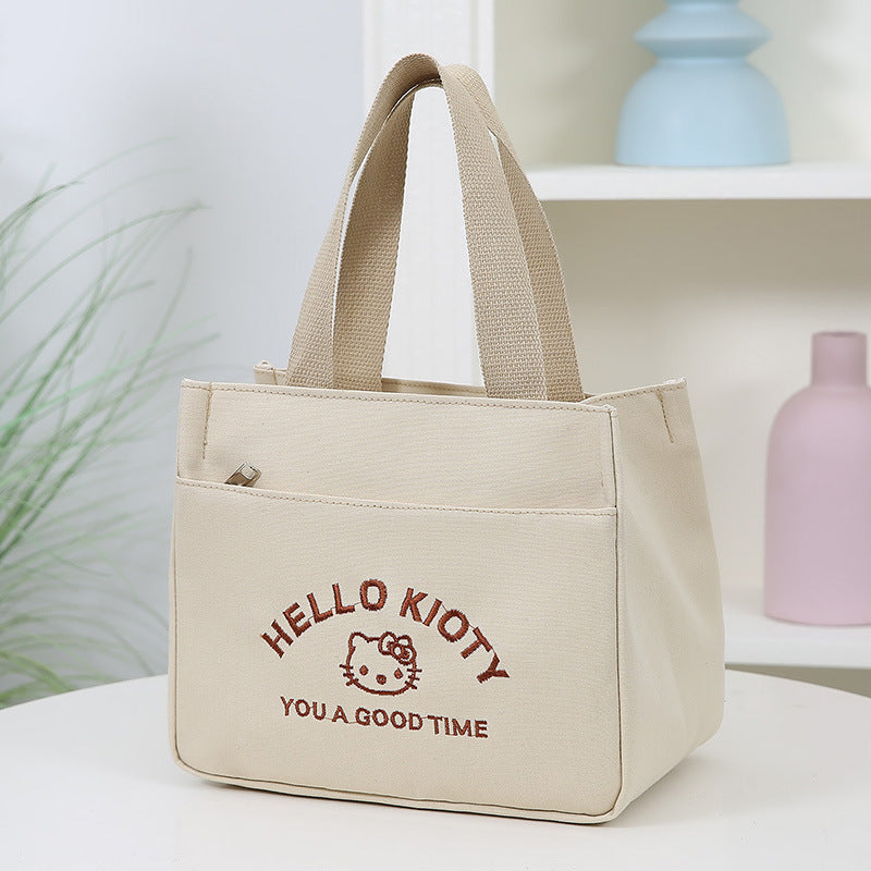 Cute Embroidered Canvas Tote Bag with Hello Kitty Design, Perfect for Daily Use, School, Work, and Carrying Lunchbox