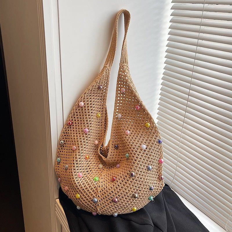 Holiday One-Shoulder Women's Color Knitted New Large Capacity Sense Hollow Pearl Beach Bag