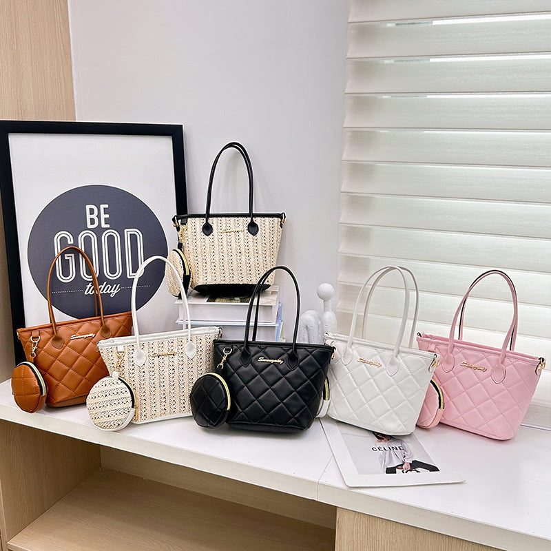 Vegetable Basket Handbag Niche Rhombus Textured Bucket Bag Two-Piece Set Bag Hot Sale Straw Bag Women