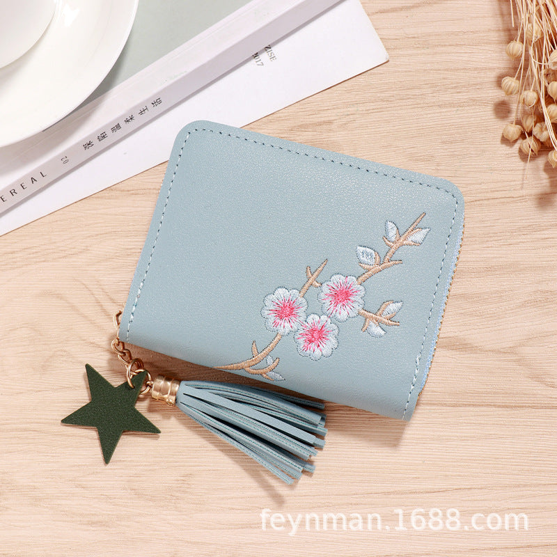 Cute Heart Embroidery PU Wallet for Women with Tassel Charm and Star Pendant, Compact Card Holder for Daily Use