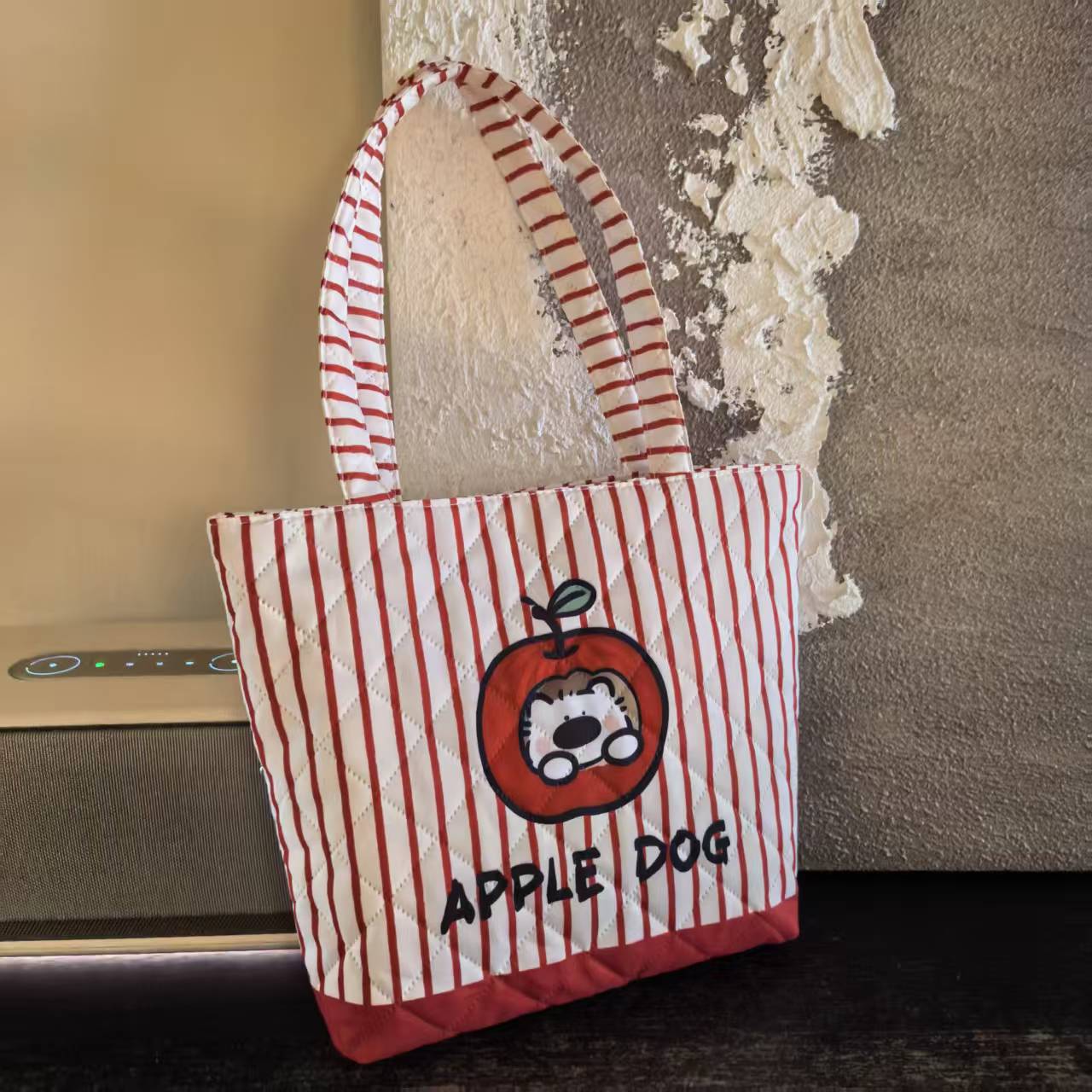 Cartoon Puppy Apple Pattern Quilted Large Capacity Tote Bag Daily Commuter Fashion Striped Design