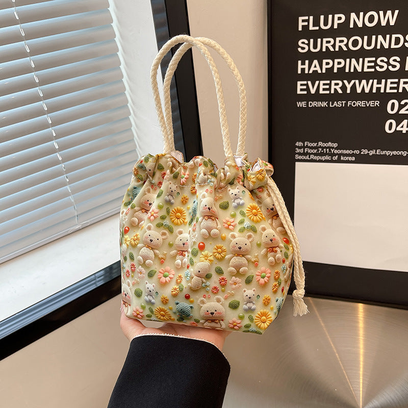 Makeup Bucket Mobile Phone Bag Female Sweet Fresh Pastoral Style Printed Tote Bag Lightweight Drawstring Bundle Bag