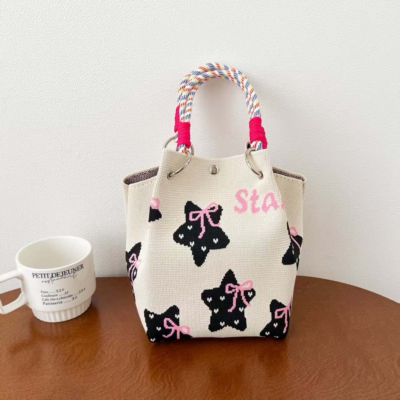 Black and White Rhombus Knitted Tote Bag Women's Casual Versatile Large Capacity Messenger Bag Handbag