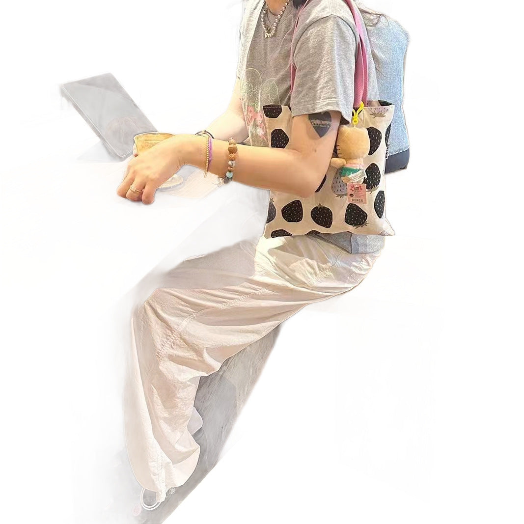 New Strawberry Printed Canvas Tote Bag Female Large Capacity Student Versatile Ins Style Commuter Shoulder Handbag
